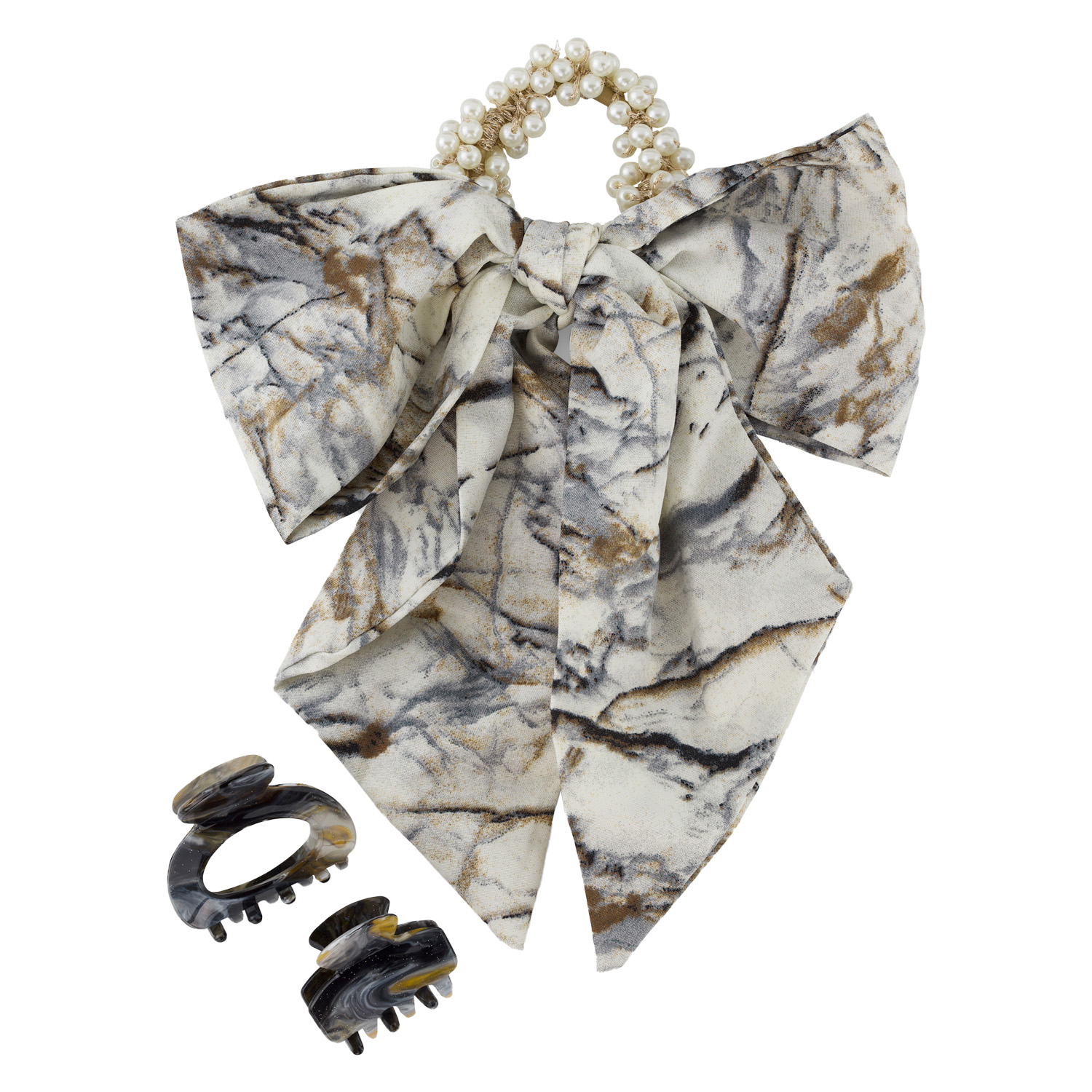 Trisa Hair – Pearl Scrunchie & Hair Clips, Grey