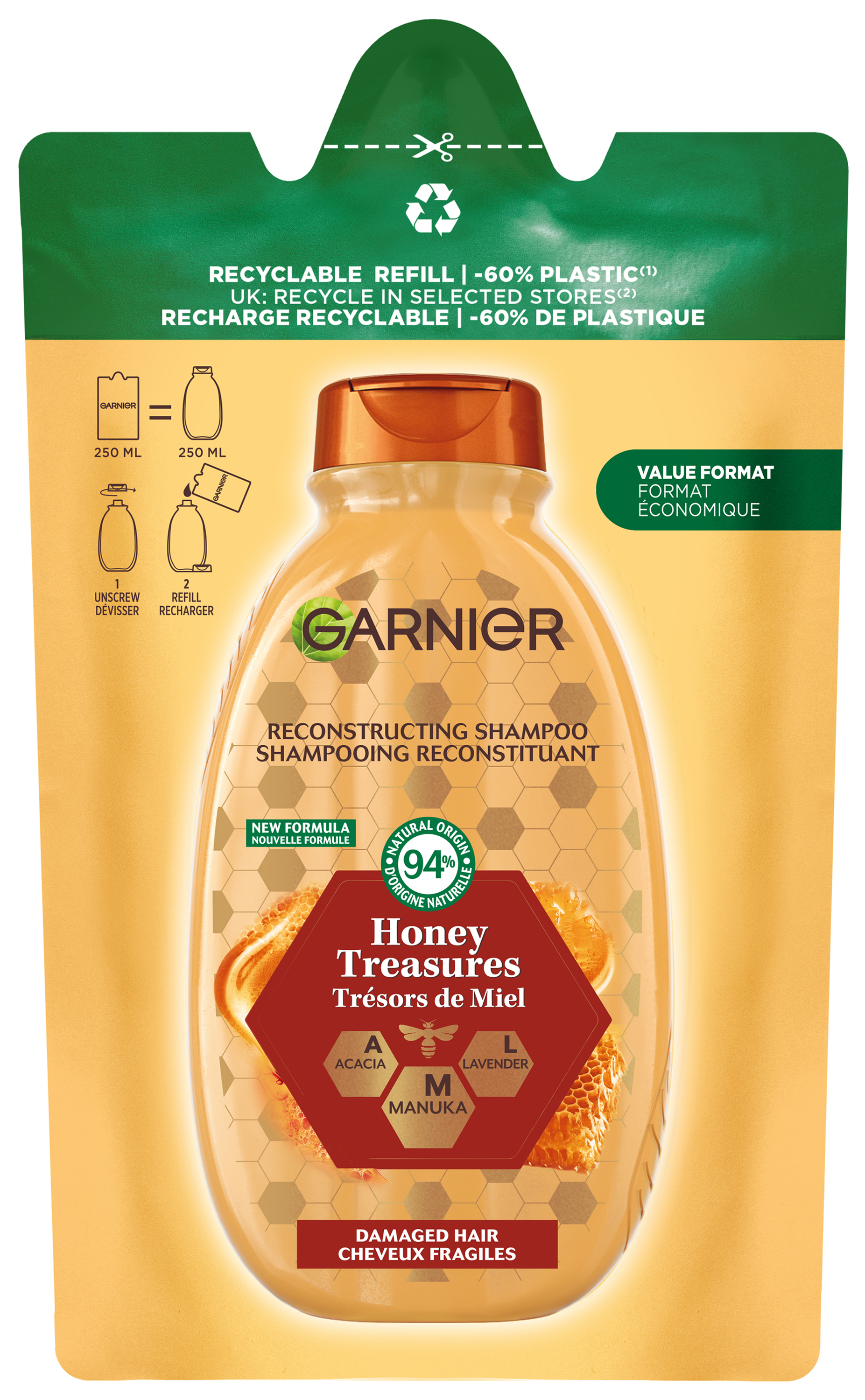 Garnier Ultra Doux Haircare - Reparierendes Shampoo Honig Schätze Nachfüllpack 250ml