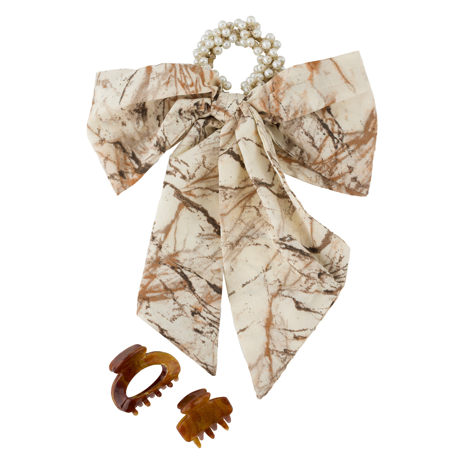 Trisa Hair – Pearl Scrunchie & Hair Clips, Brown
