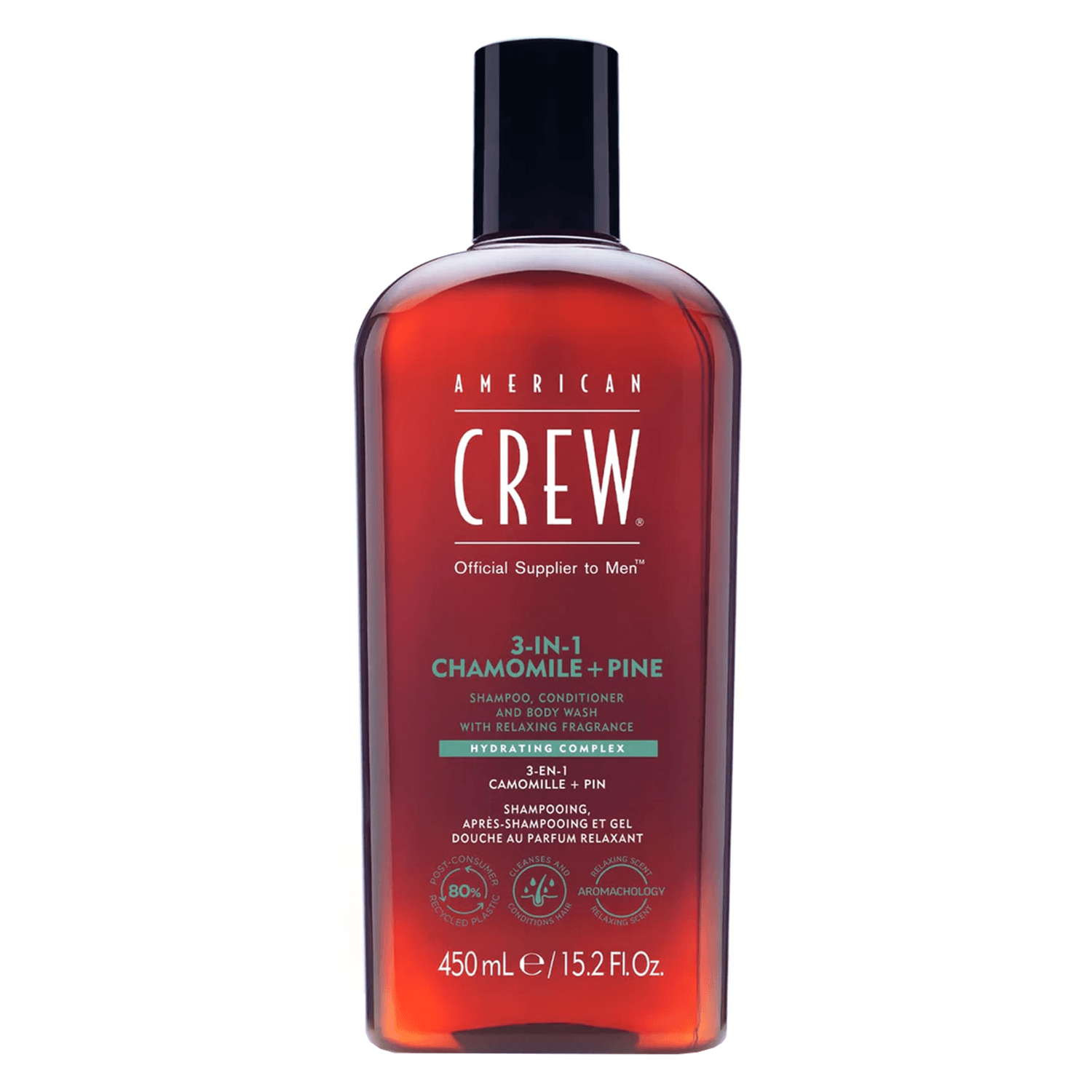 Crew Hair & Body Care – American Crew 3-In-1 Chamomile & Pine Shampoo, Conditioner & Body Wash 450ml
