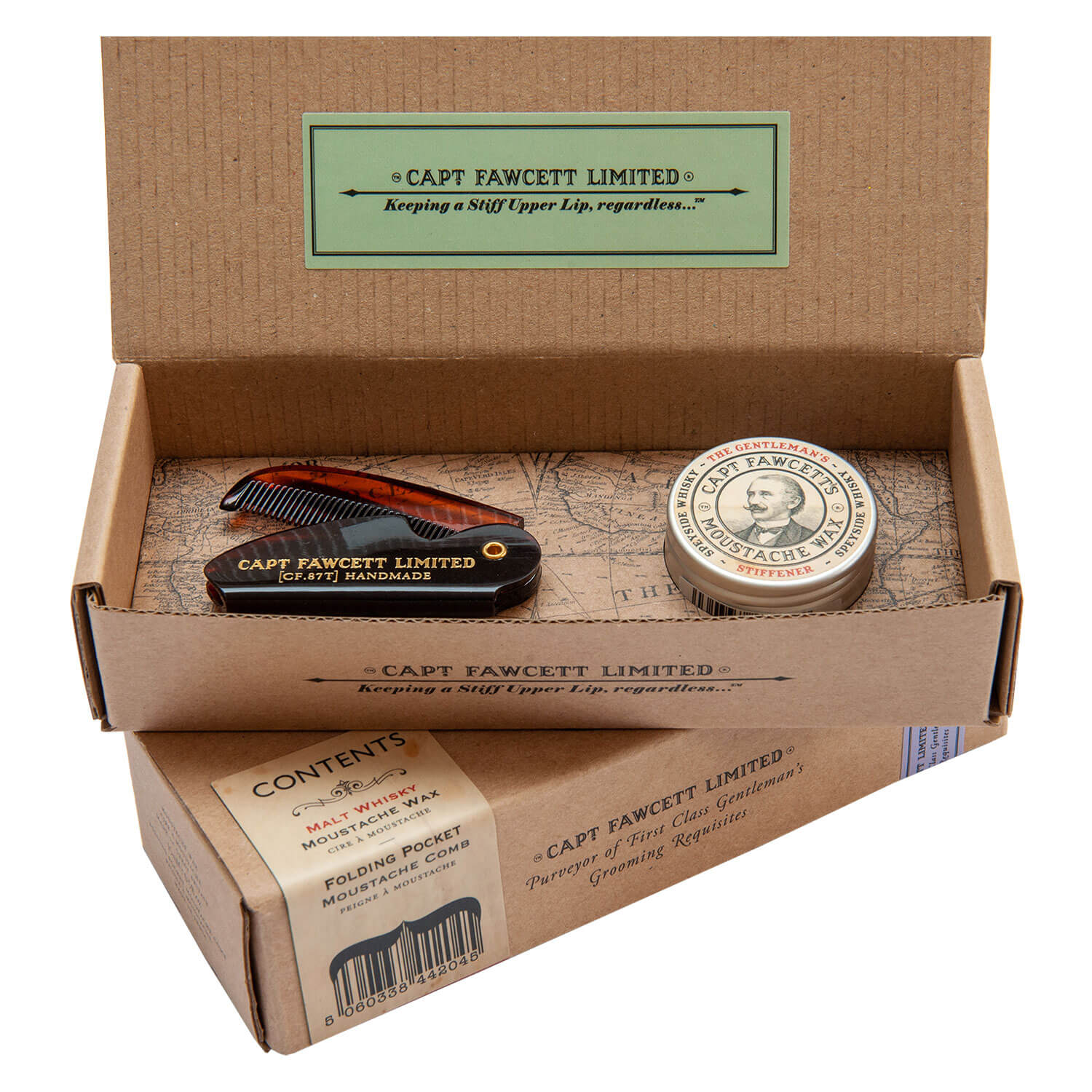 Capt. Fawcett Care – Gentleman’s Whisky Moustache Wax & Moustache Comb Set