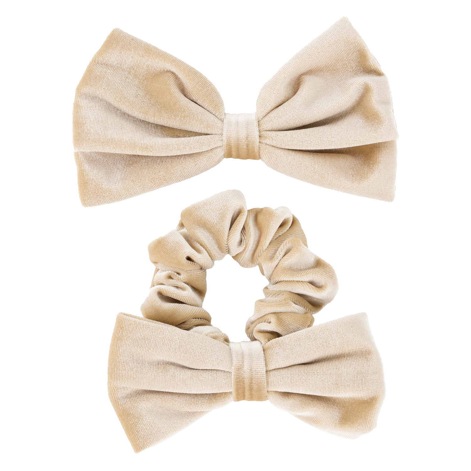 Trisa Hair – Velvet Scrunchie & Bow Hair Clip Sand